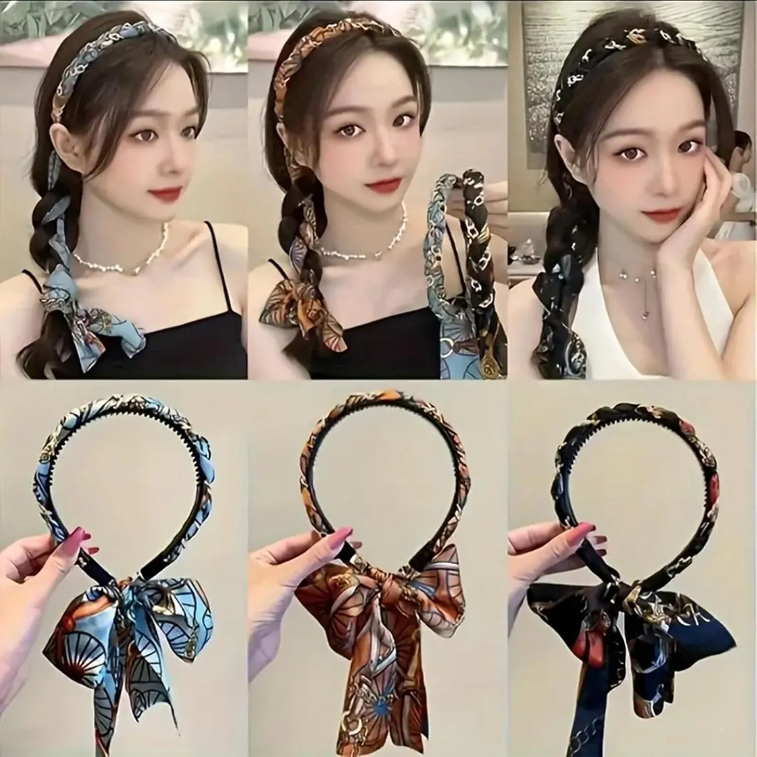 3PCS Satin Fabric Hair Bands for Women with Ties, Boho Retro Satin Cross Knotted Fabric Headband for Daily Wearing Dating Sport and Making Up (Light Blue*1 Brown*2, One Size)