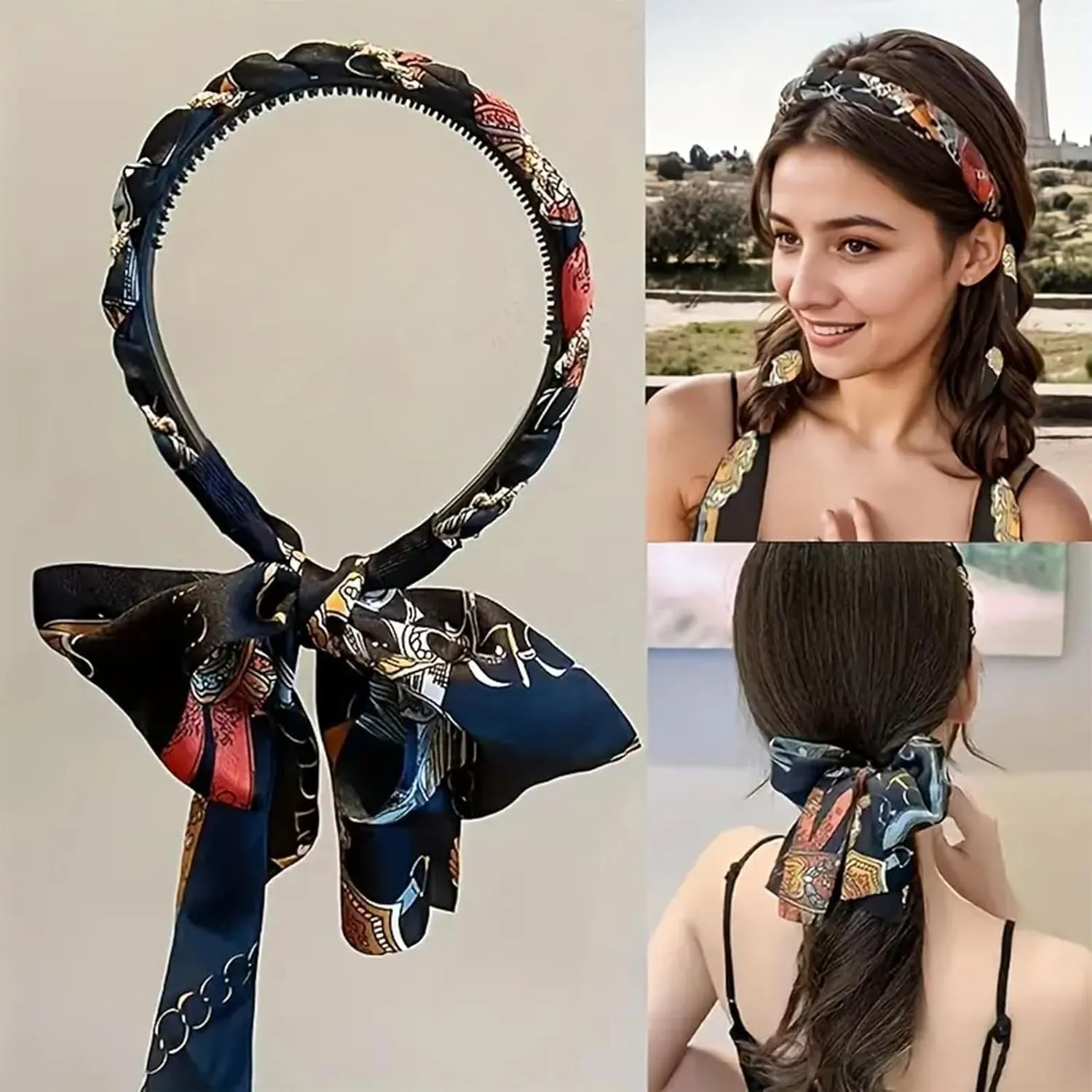 3PCS Satin Fabric Hair Bands for Women with Ties, Boho Retro Satin Cross Knotted Fabric Headband for Daily Wearing Dating Sport and Making Up (Light Blue*1 Brown*2, One Size)