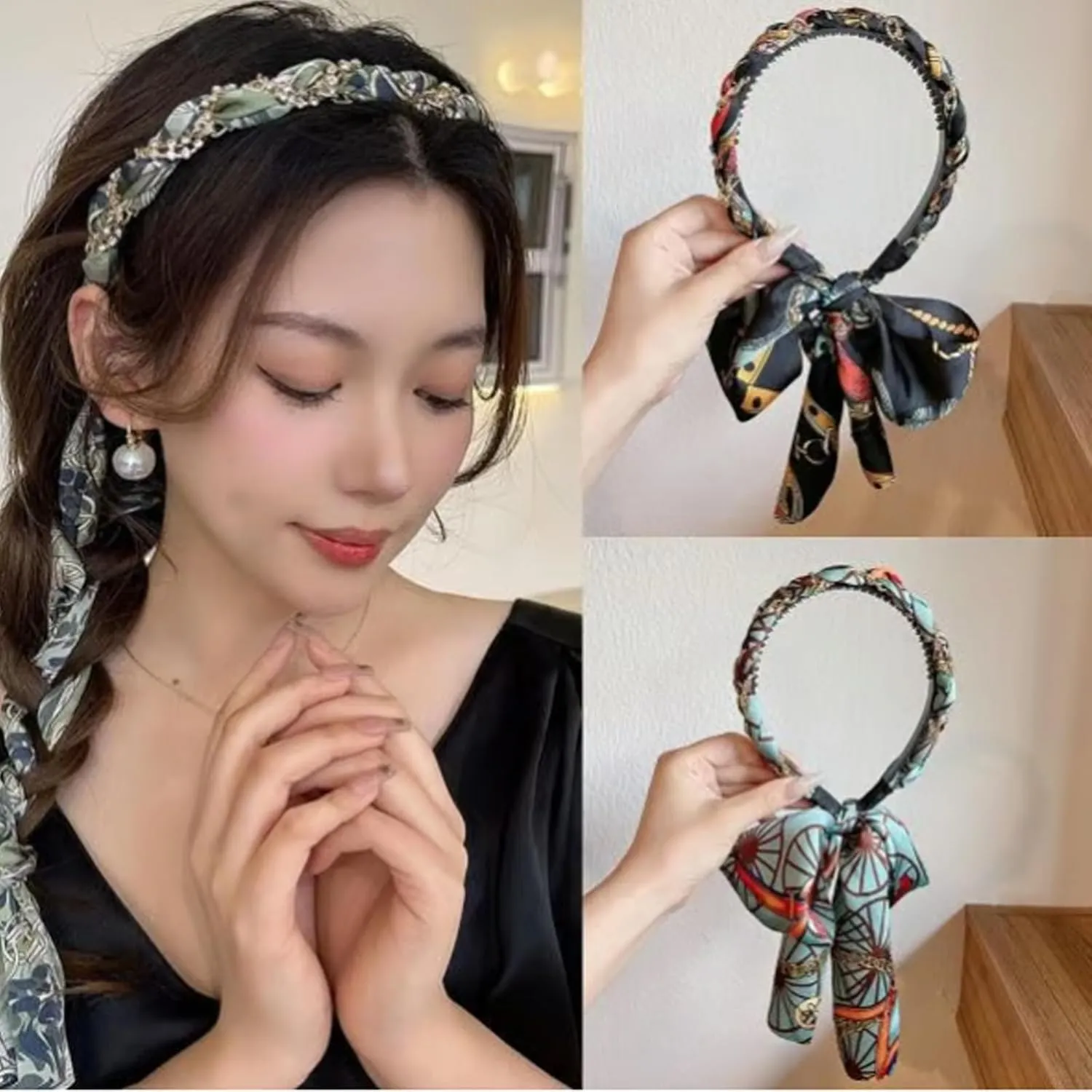 3PCS Satin Fabric Hair Bands for Women with Ties, Boho Retro Satin Cross Knotted Fabric Headband for Daily Wearing Dating Sport and Making Up (Light Blue*1 Brown*2, One Size)
