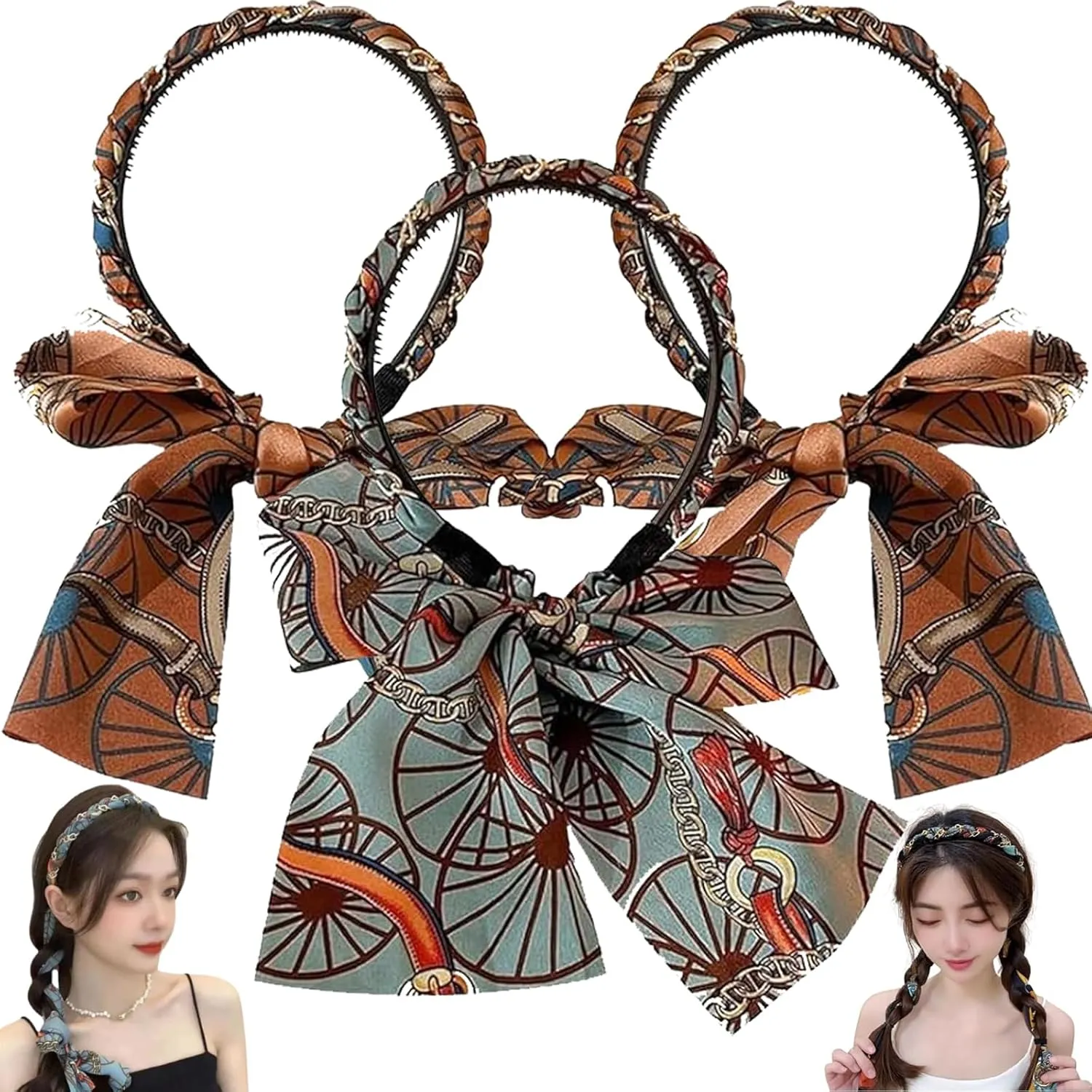 3PCS Satin Fabric Hair Bands for Women with Ties, Boho Retro Satin Cross Knotted Fabric Headband for Daily Wearing Dating Sport and Making Up (Light Blue*1 Brown*2, One Size)