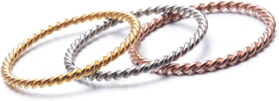 3pcs Stainless Steel Dainty Stackable Twisted Rope Knuckle Ring Women Engagement Wedding Rings