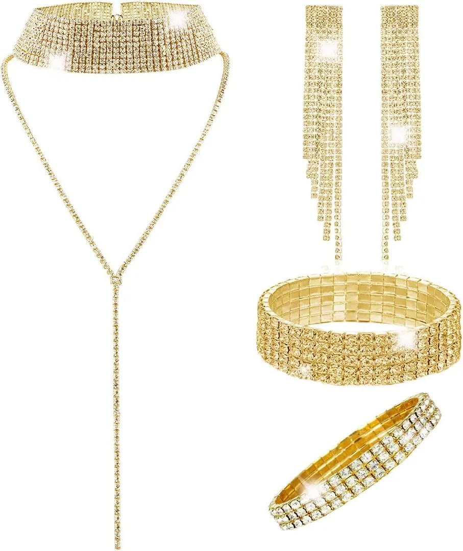 4Pcs Women Glitter Bling Rhinestone Crystal Jewelry Set Tassel Choker Necklace Stretch Bangle Bracelet Ankle Anklet Crystal Fringe Dangle Earrings for Women