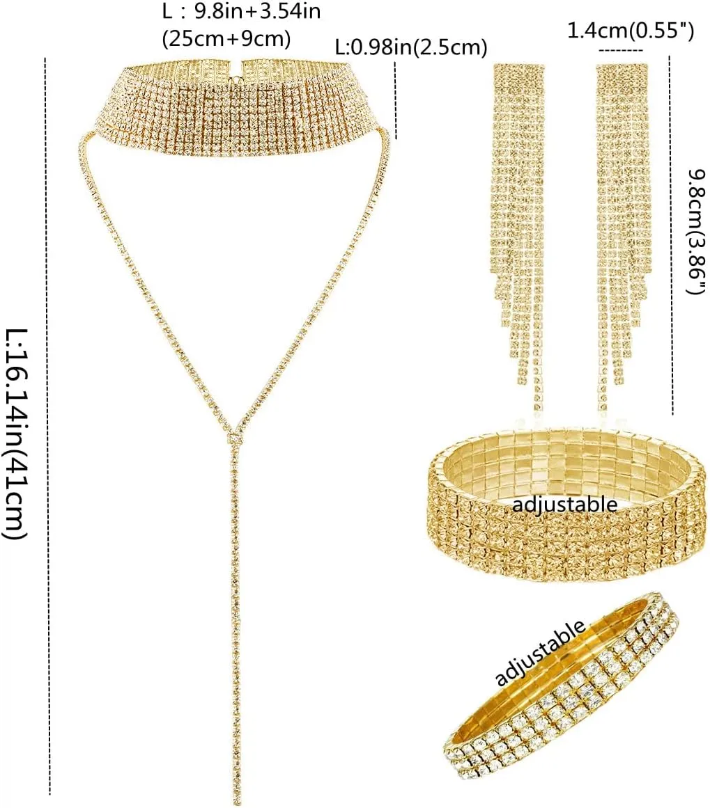 4Pcs Women Glitter Bling Rhinestone Crystal Jewelry Set Tassel Choker Necklace Stretch Bangle Bracelet Ankle Anklet Crystal Fringe Dangle Earrings for Women