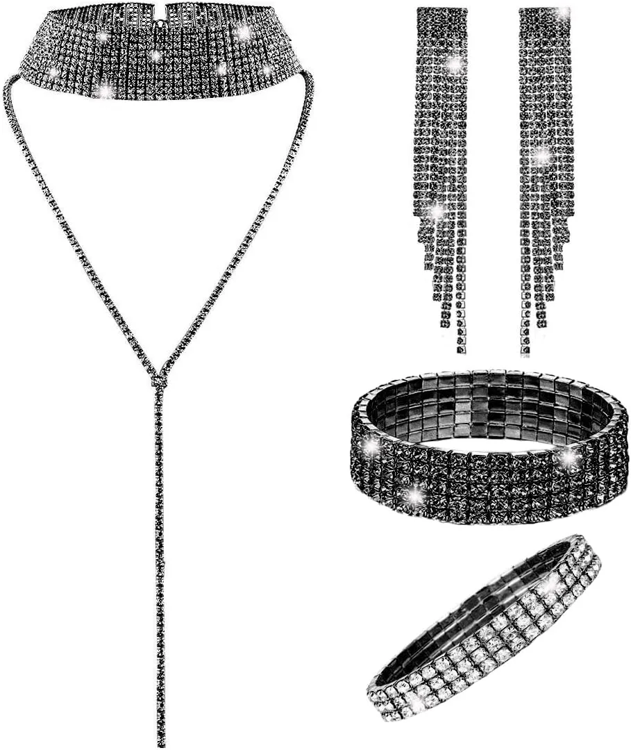 4Pcs Women Glitter Bling Rhinestone Crystal Jewelry Set Tassel Choker Necklace Stretch Bangle Bracelet Ankle Anklet Crystal Fringe Dangle Earrings for Women