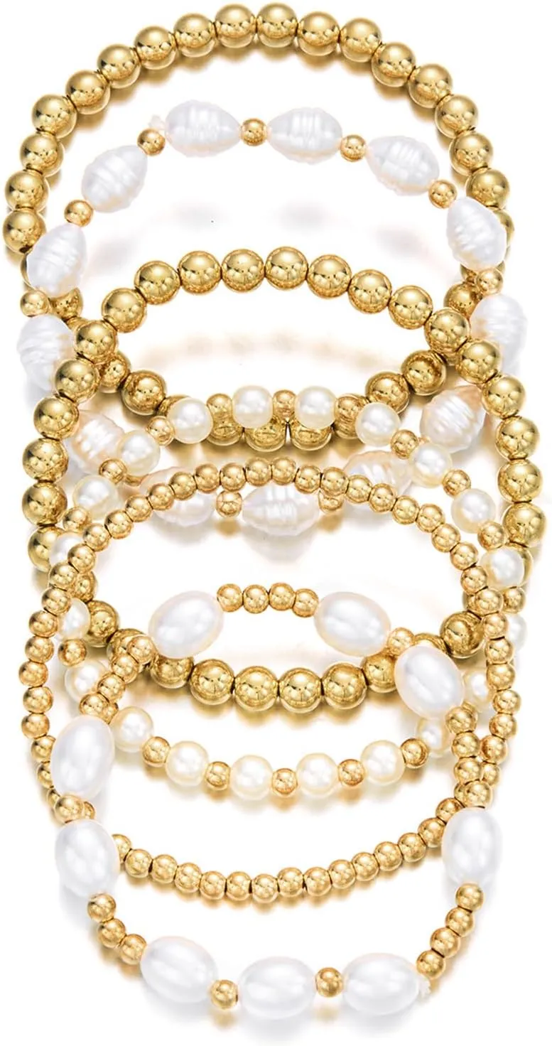 4Pcs/6Pcs Gold Pearl Bracelets Stack for Women Non Tarnish Dainty Beaded Charm Pearl Bracelets Set Cute Heart Bow Knot Bracelets Wedding Bridal Birthday Jewelry