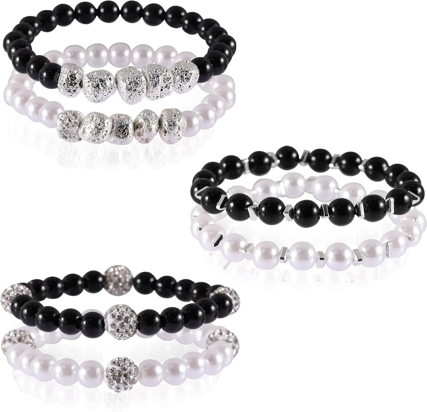 6 Pcs Pearl Bracelets for Women, Black White Matching Bracelets Couples Healing Stone Bracelets Beaded Stretch for Relationship