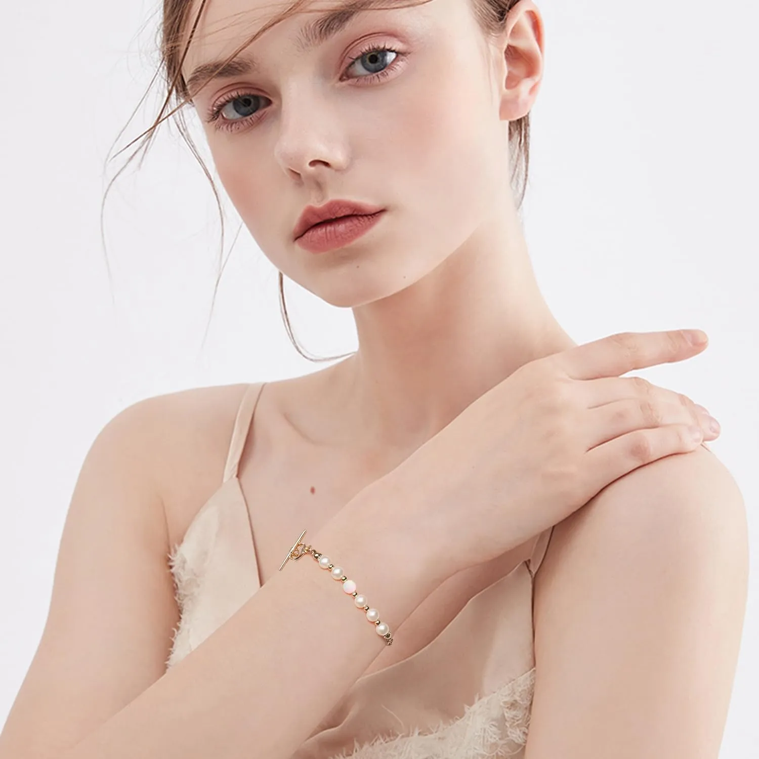6mm Round pearl opal bracelet for women, 18k gold plated dainty bracelets Length 6.7 inch