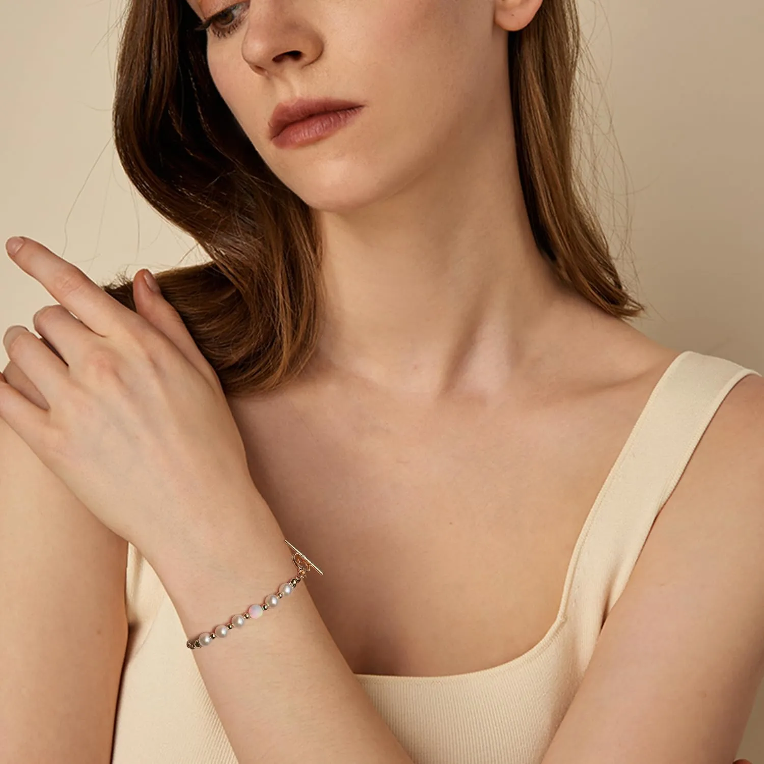 6mm Round pearl opal bracelet for women, 18k gold plated dainty bracelets Length 6.7 inch