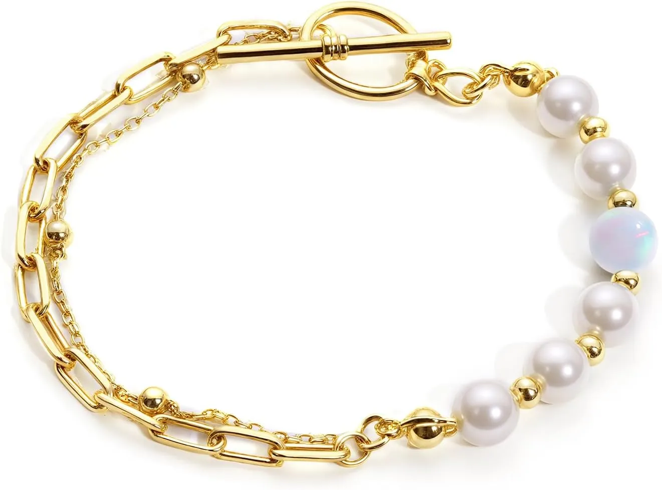6mm Round pearl opal bracelet for women, 18k gold plated dainty bracelets Length 6.7 inch