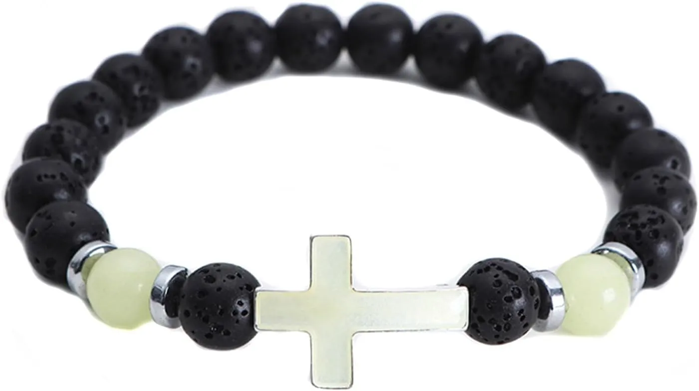 8mm Natural Volcanic Stone Bracelets,Luminous Cross BraceletsSuitable for men, women, couples, Healing Crystal Elastic Stretch Beads Bracelet,Religion Holy Communion Bracelet for Women