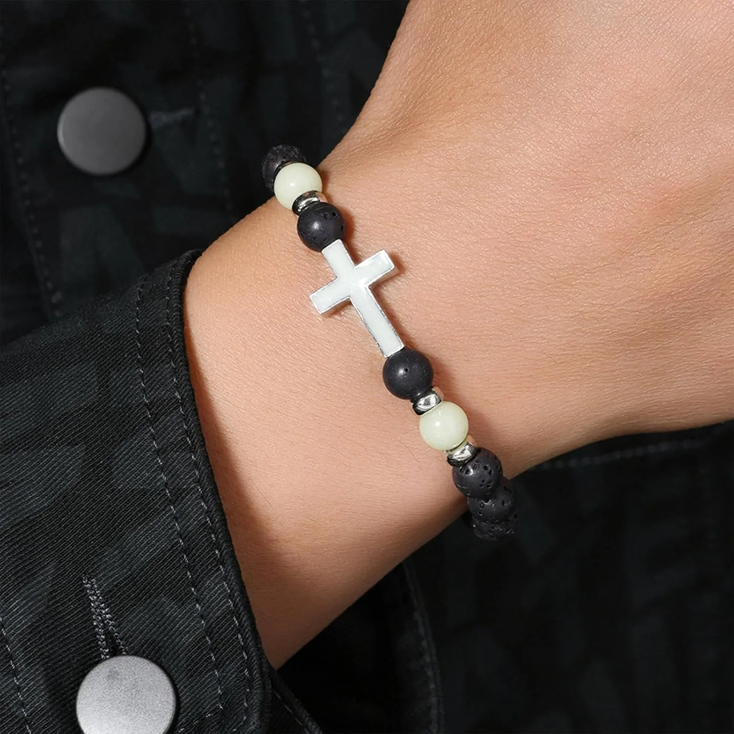 8mm Natural Volcanic Stone Bracelets,Luminous Cross BraceletsSuitable for men, women, couples, Healing Crystal Elastic Stretch Beads Bracelet,Religion Holy Communion Bracelet for Women