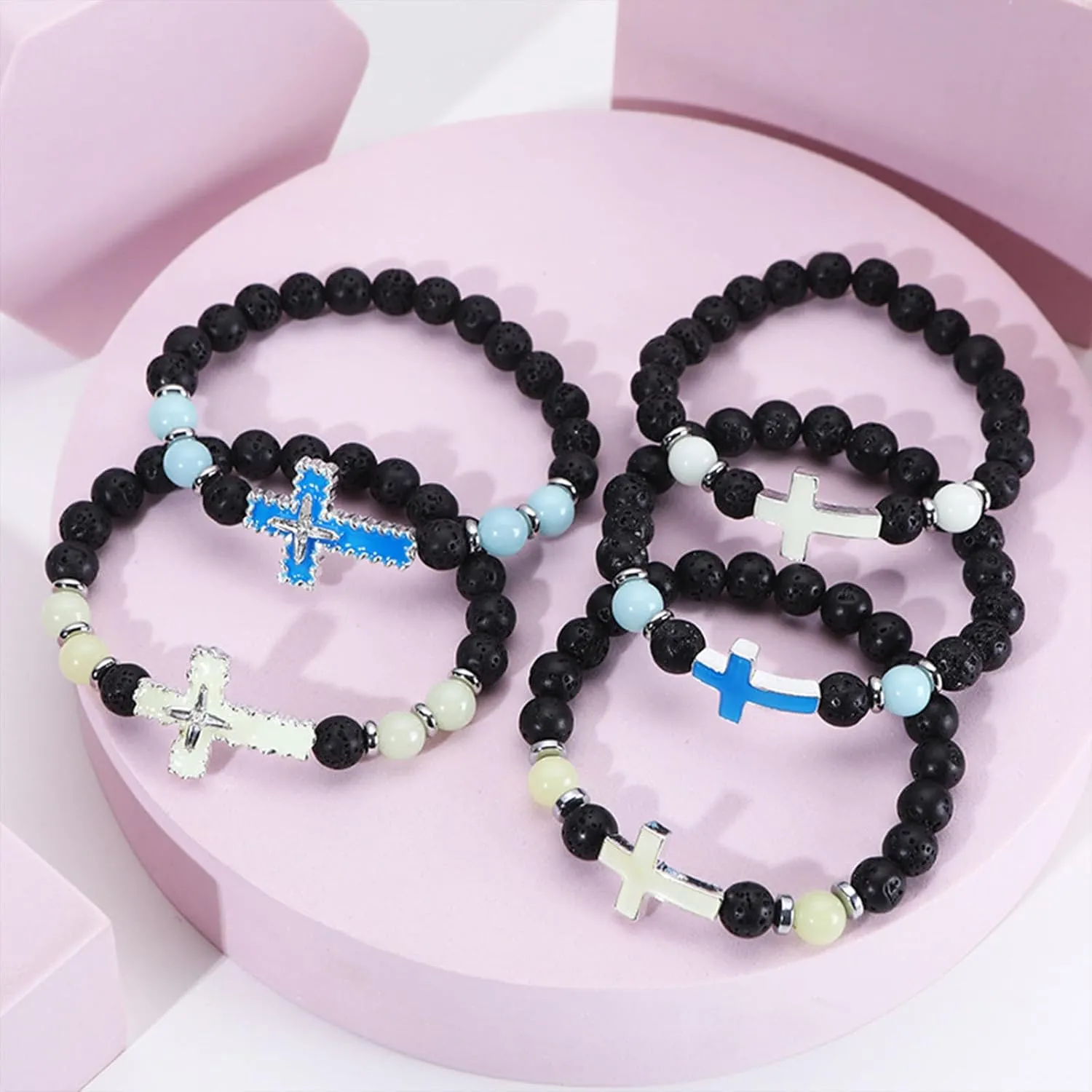 8mm Natural Volcanic Stone Bracelets,Luminous Cross BraceletsSuitable for men, women, couples, Healing Crystal Elastic Stretch Beads Bracelet,Religion Holy Communion Bracelet for Women