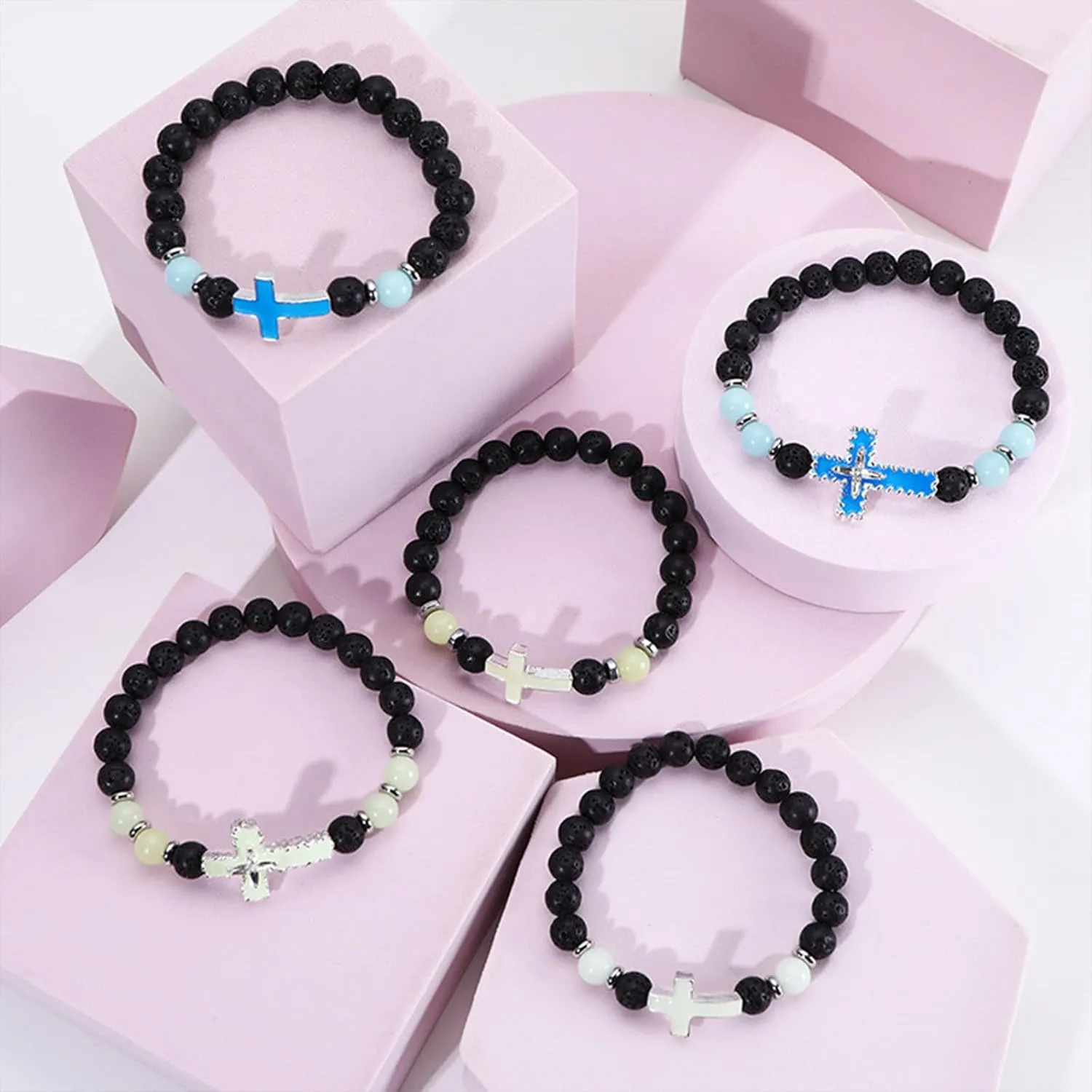 8mm Natural Volcanic Stone Bracelets,Luminous Cross BraceletsSuitable for men, women, couples, Healing Crystal Elastic Stretch Beads Bracelet,Religion Holy Communion Bracelet for Women