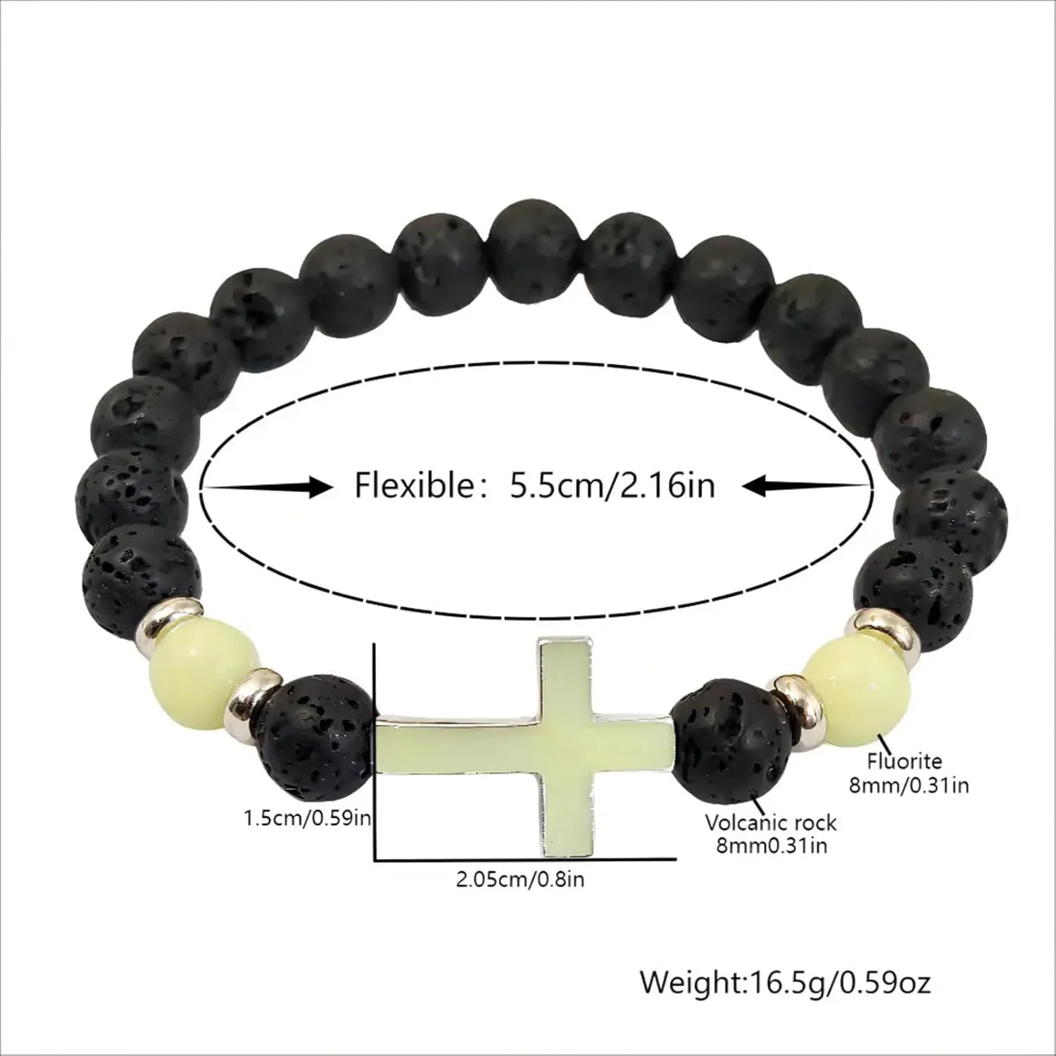 8mm Natural Volcanic Stone Bracelets,Luminous Cross BraceletsSuitable for men, women, couples, Healing Crystal Elastic Stretch Beads Bracelet,Religion Holy Communion Bracelet for Women