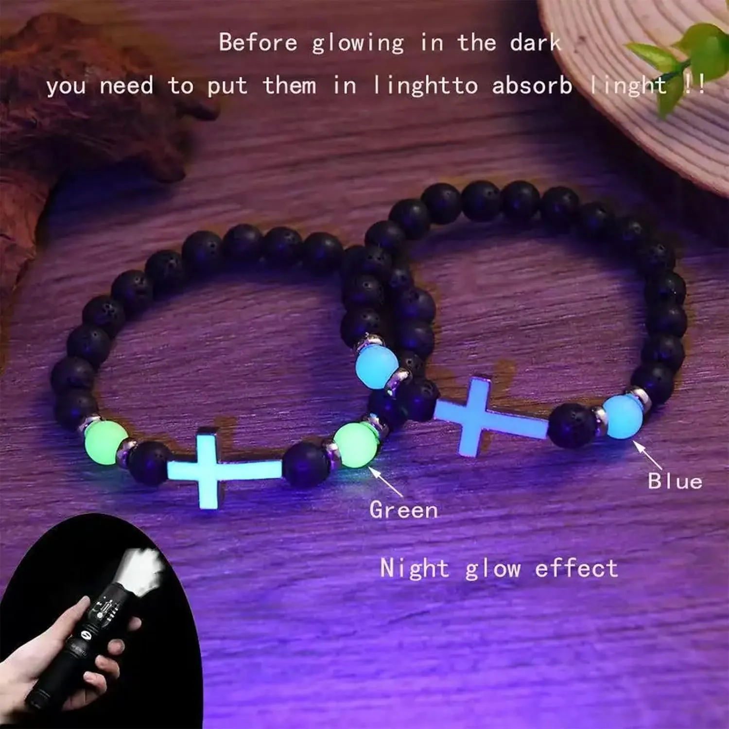8mm Natural Volcanic Stone Bracelets,Luminous Cross BraceletsSuitable for men, women, couples, Healing Crystal Elastic Stretch Beads Bracelet,Religion Holy Communion Bracelet for Women
