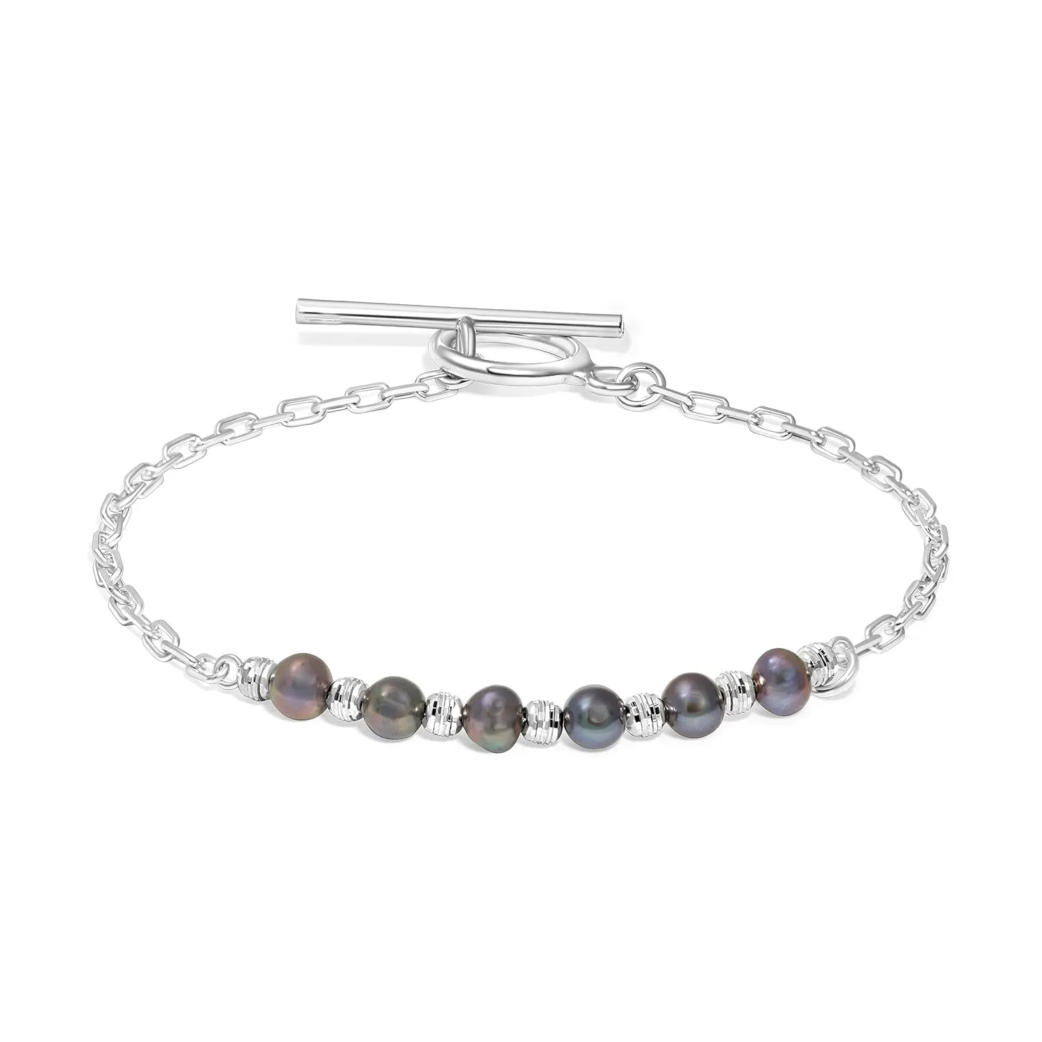 925 Sterling Silver - Black Pearl Bracelet for Women - 4mm Round Black Pearls - Adjustable 16-18cm Chain - June Birthstone Bracelet for Women - Silver Pearl Bracelet Gift for Her