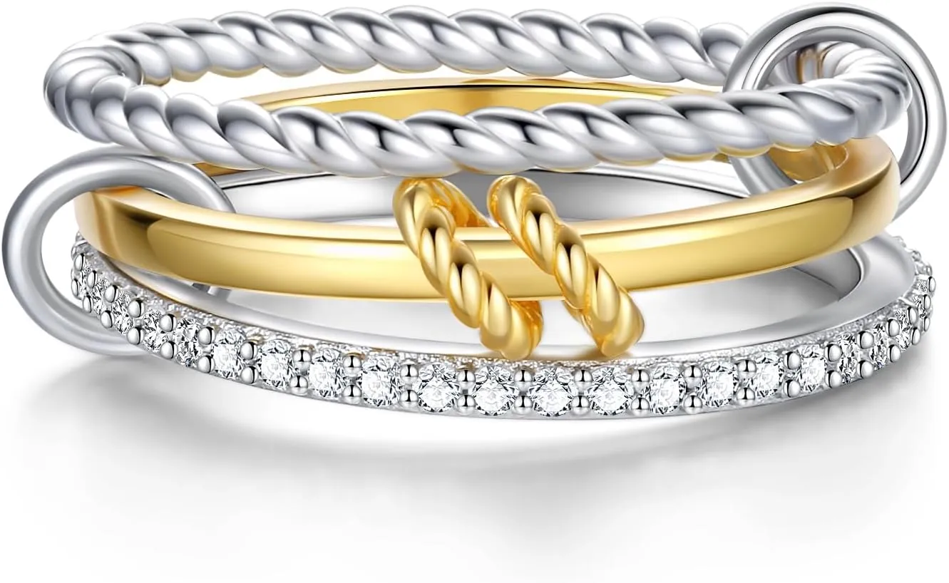925 Sterling Silver Stackable Rings for Women Jewelry Non Tarnish Interlocking 3 Stack Twisted Rings Set for Women Dainty Bands