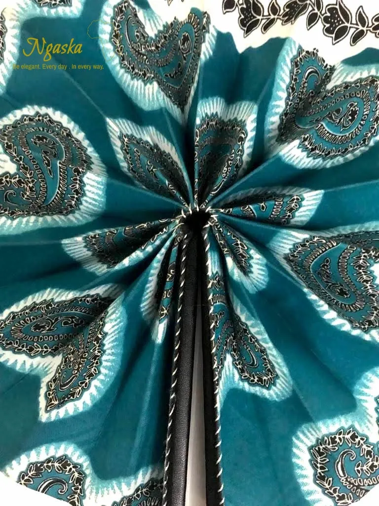 African Ankara Leather Handheld Fan, Teal - AF1