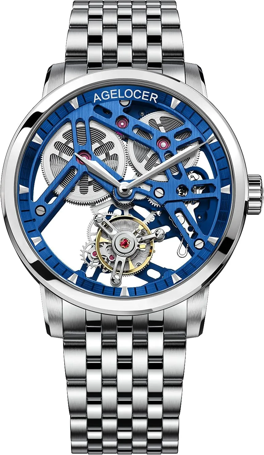 AGELOCER Men Mechanical Watches, Skeleton Tourbillon Wrist Watch with Mechanical Movement and Skeleton Dial Luxury Dress Watch