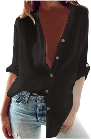 aihihe Button Down Shirts for Women Plus Size Long Sleeve Boyfriend Style Shirts Oversize Loose Fit Blouses Tops