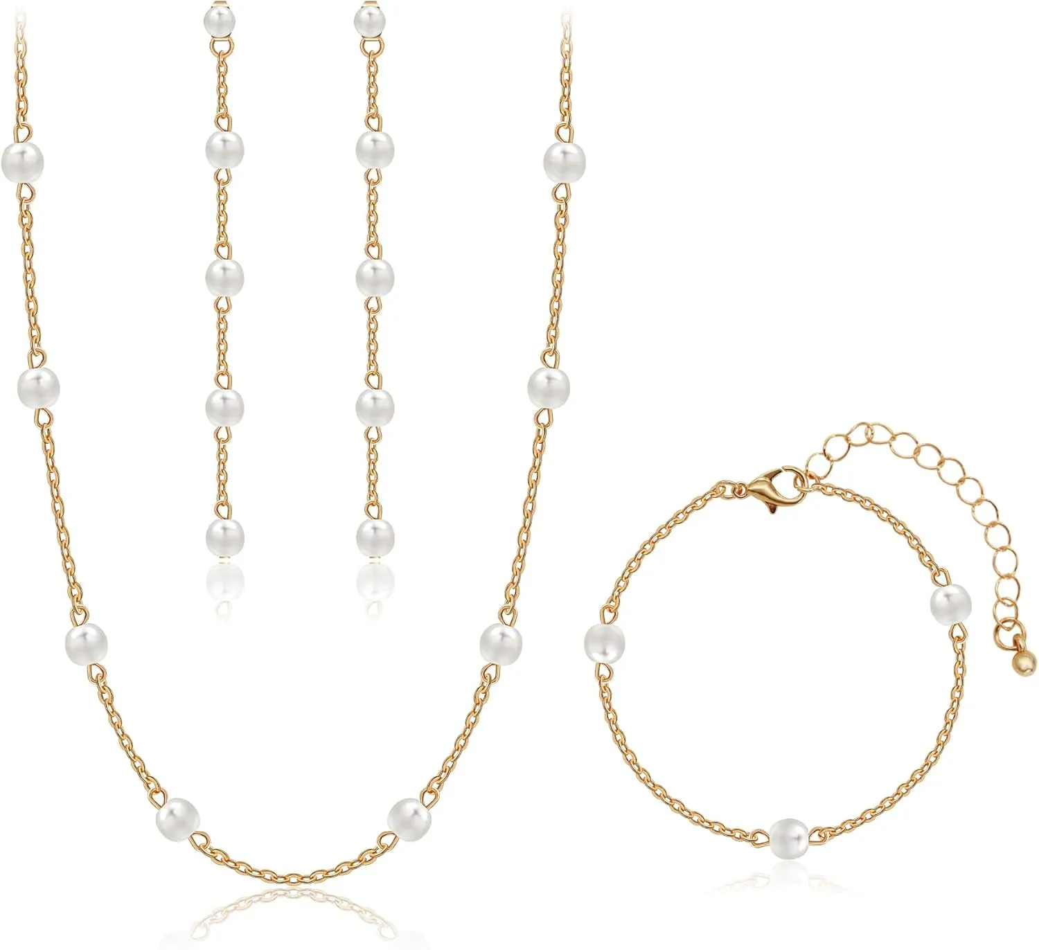 AILUOR Gold Jewelry Set for Women - 14K Gold Plated Pearl Necklace & Earring Set with Drop Earrings, Bracelets, Choker Necklace - Dainty Wedding Pearl Jewelry