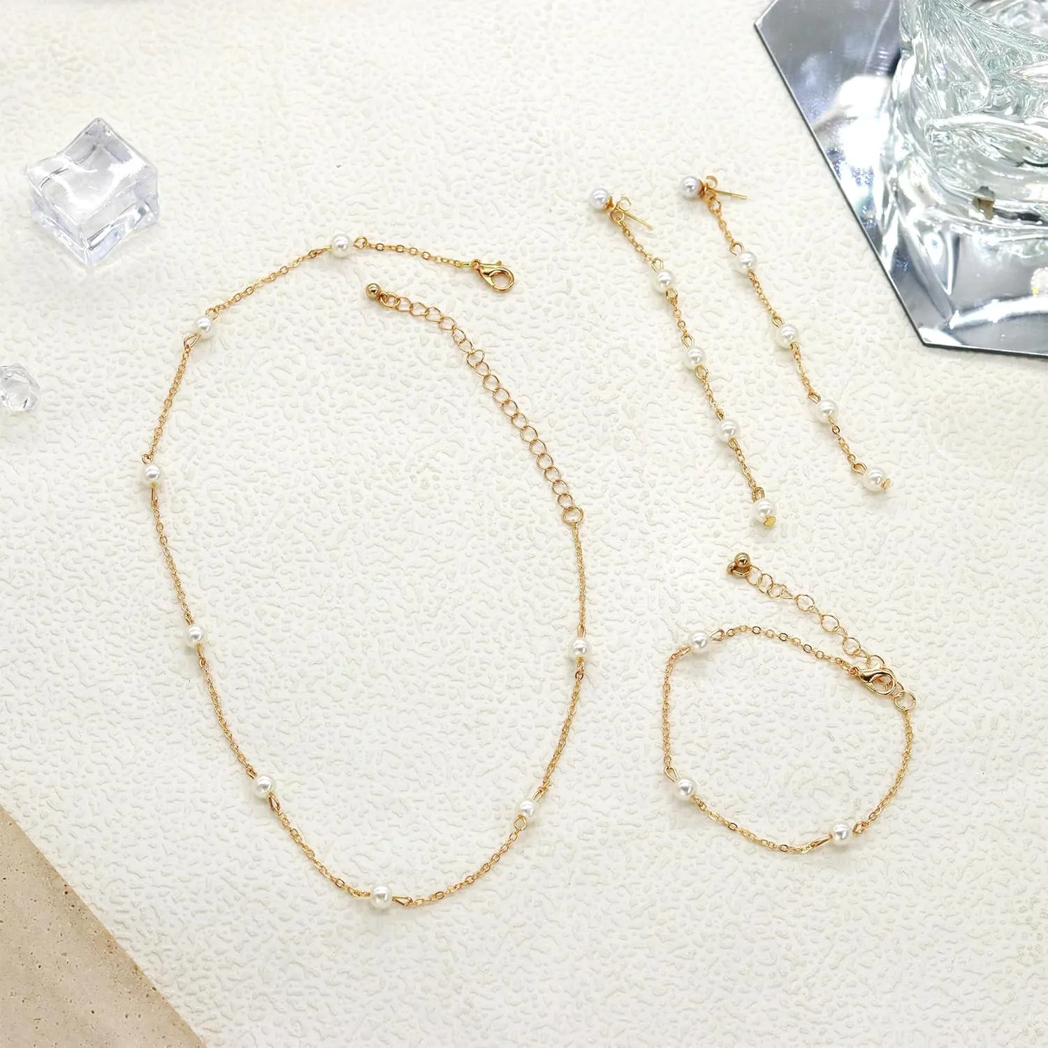 AILUOR Gold Jewelry Set for Women - 14K Gold Plated Pearl Necklace & Earring Set with Drop Earrings, Bracelets, Choker Necklace - Dainty Wedding Pearl Jewelry