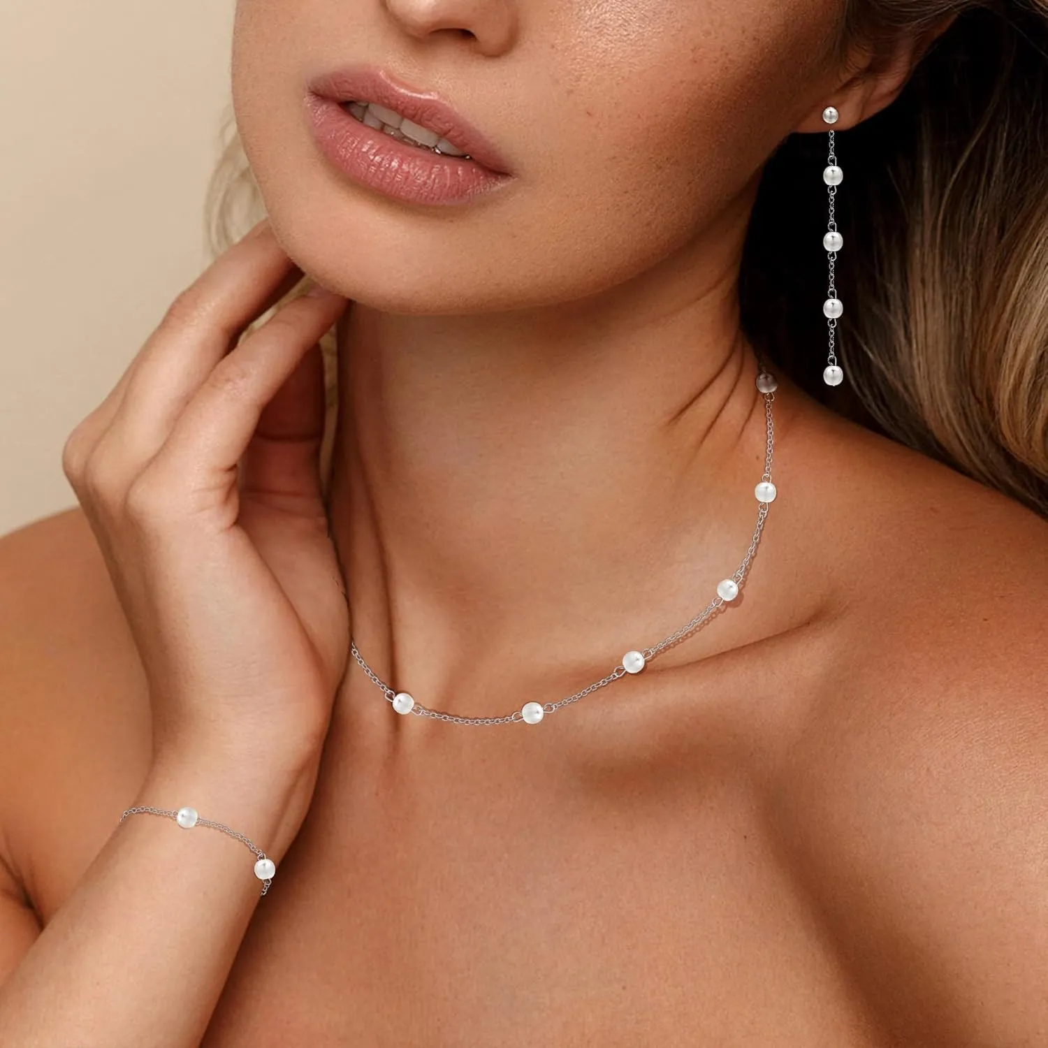 AILUOR Gold Jewelry Set for Women - 14K Gold Plated Pearl Necklace & Earring Set with Drop Earrings, Bracelets, Choker Necklace - Dainty Wedding Pearl Jewelry