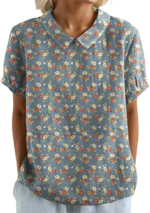 Akivide Women's Summer Cute Cotton Linen Boho Graphic Lapel Shirts Plus Size Lightweight Short Sleeve Dressy Casual Blouses