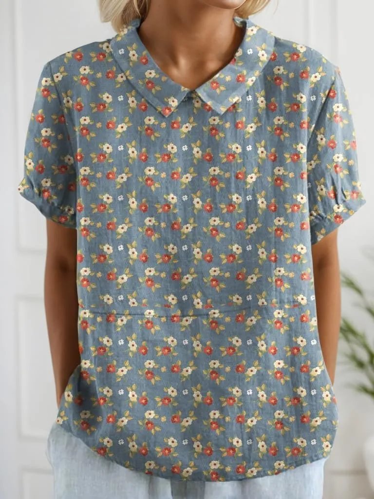 Akivide Women's Summer Cute Cotton Linen Boho Graphic Lapel Shirts Plus Size Lightweight Short Sleeve Dressy Casual Blouses