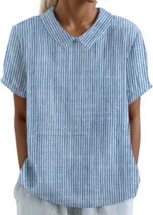 Akivide Women's Summer Cute Cotton Linen Boho Graphic Lapel Shirts Plus Size Lightweight Short Sleeve Dressy Casual Blouses