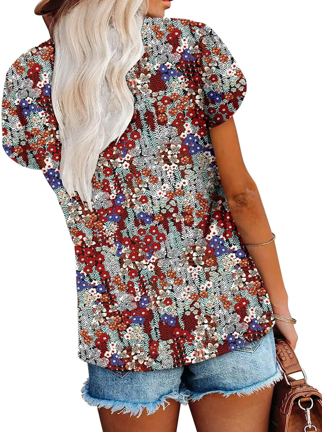 Angerella Short Sleeve Lace V Neck Shirts for Women Floral Print Tunic Tops Blouses