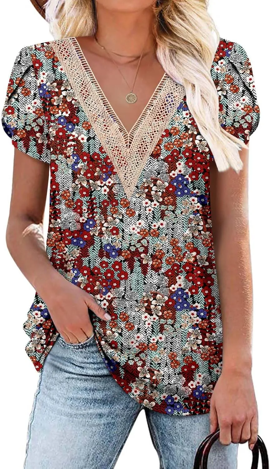Angerella Short Sleeve Lace V Neck Shirts for Women Floral Print Tunic Tops Blouses