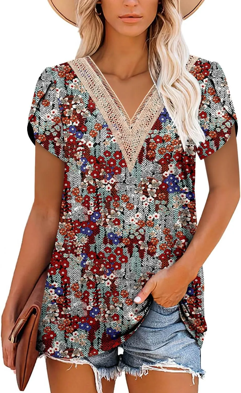 Angerella Short Sleeve Lace V Neck Shirts for Women Floral Print Tunic Tops Blouses
