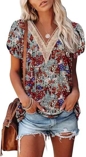 Angerella Short Sleeve Lace V Neck Shirts for Women Floral Print Tunic Tops Blouses