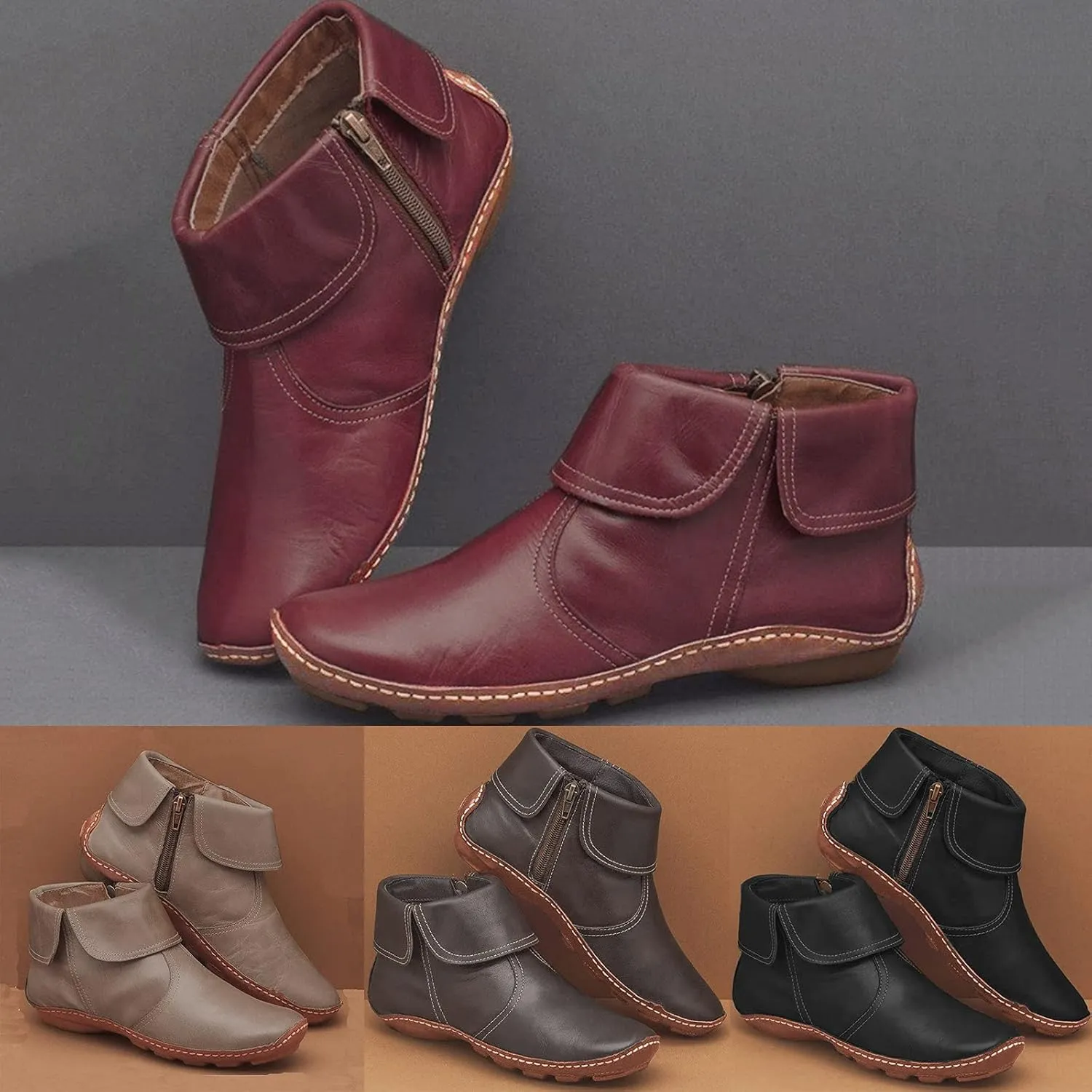 Ankle Boots for Women Low Heel Lace Up Arch Support Boots Side Zip Vintage Damping Shoes Flat Heel Boots