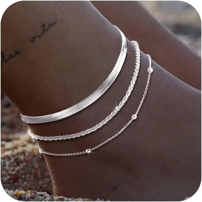 Ankle Bracelets for Women Gold/Silver Anklets for Women Cuban Snake Beads Figaro Paperclip Box Link Chain Layered Anklet Set Dainty Fashion Waterproof Anklet Jewelry Gift for Women