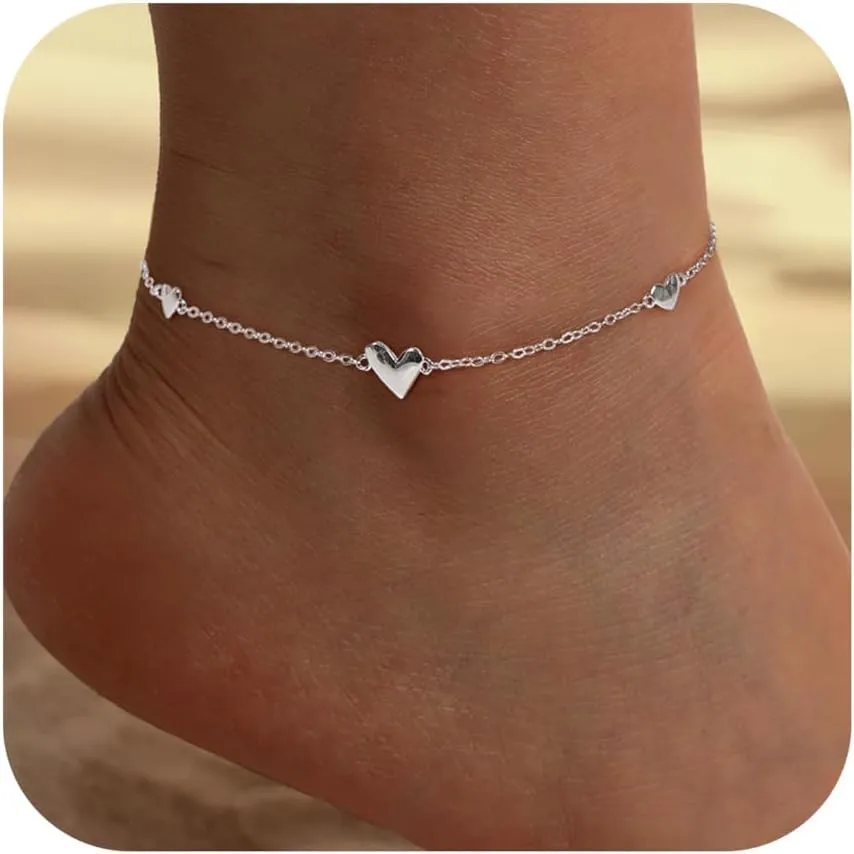 Ankle Bracelets for Women Heart Anklet Bracelets Layered Sterling Silver Shining Tennis Anklet Link with Cubic Zirconia Summer Beach Foot Chain for Women Trendy Jewelry Gifts