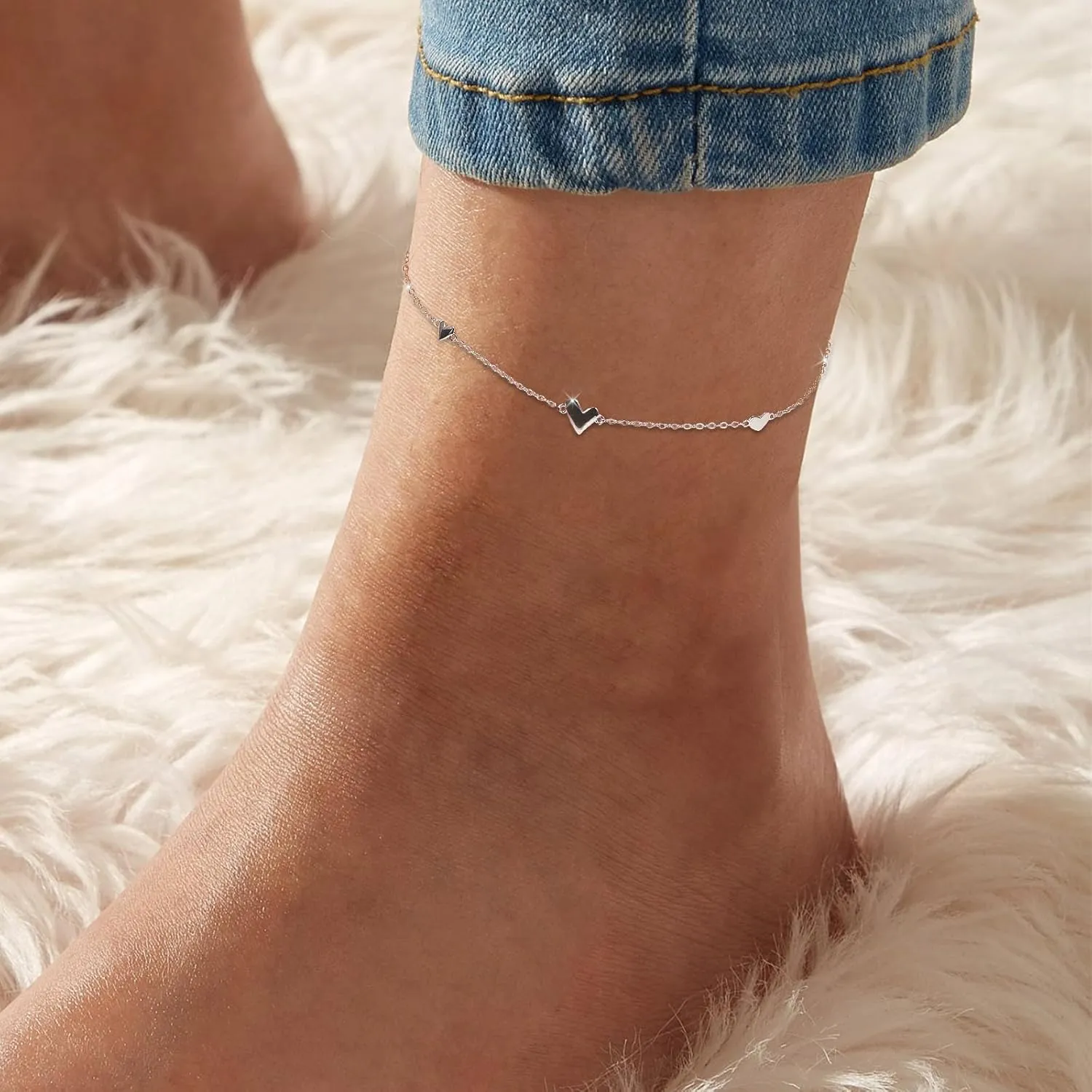 Ankle Bracelets for Women Heart Anklet Bracelets Layered Sterling Silver Shining Tennis Anklet Link with Cubic Zirconia Summer Beach Foot Chain for Women Trendy Jewelry Gifts