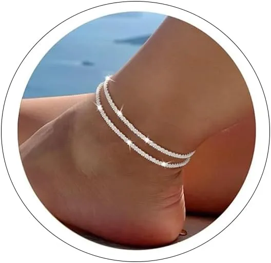 Ankle Bracelets for Women Waterproof Anklets Sparking Silver Anklets Dainty Layered Link Chain Rhinestone Anklets Boho Summer Beach Simple Foot Jewelry Gifts