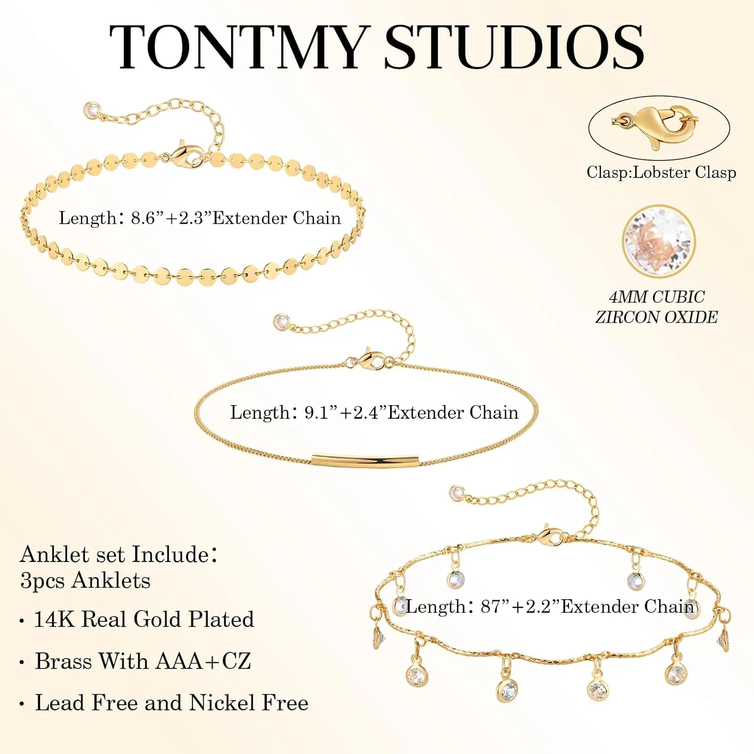 Anklet Bracelets for Women 14K Gold Jewelry Set Waterproof Layered Tennis Satellite Link Chain Anklets Set Gold Anklets Adjustable Size 3pc