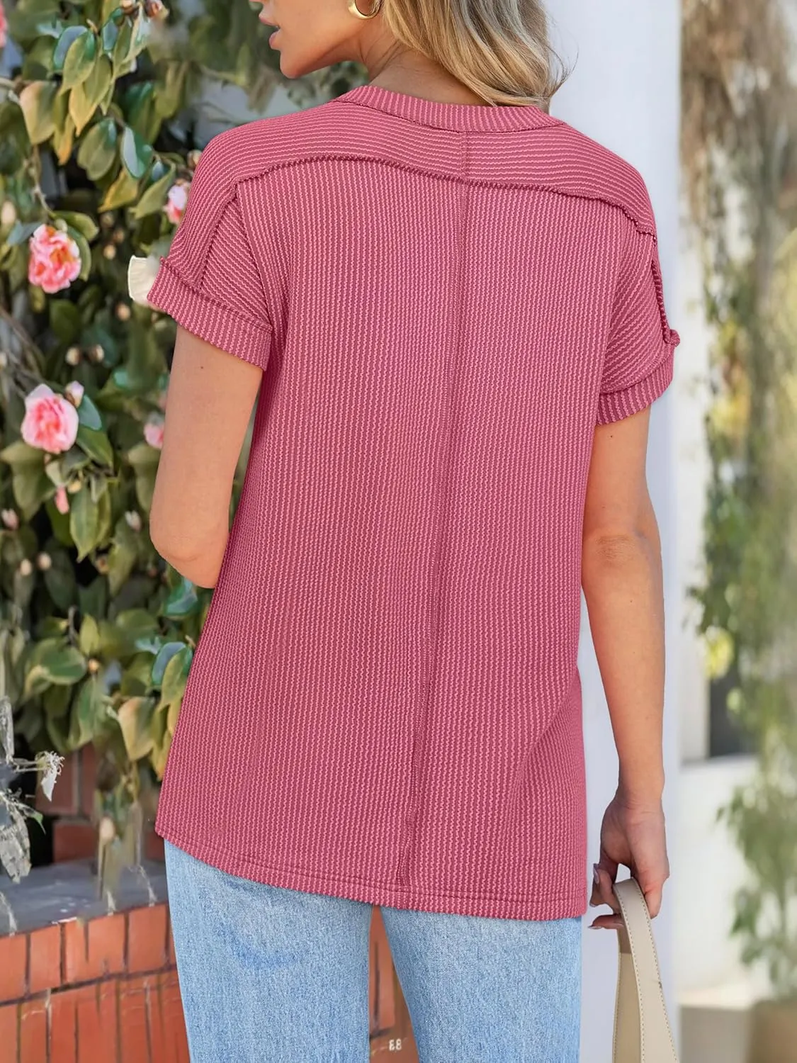 ANRABESS Womens Short Sleeve Crewneck Shirts Ribbed Knit High Low Hem T Shirt 2025 Summer Spring Casual Tops Trendy Clothes