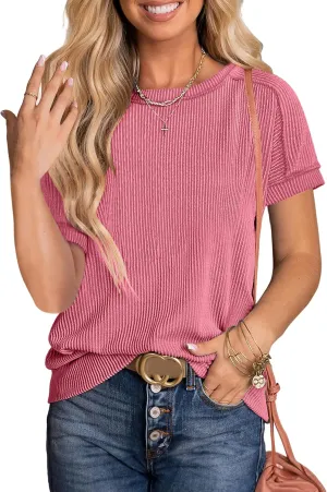ANRABESS Womens Short Sleeve Crewneck Shirts Ribbed Knit High Low Hem T Shirt 2025 Summer Spring Casual Tops Trendy Clothes