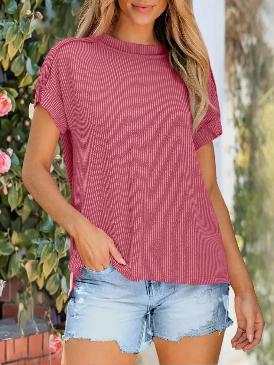 ANRABESS Womens Short Sleeve Crewneck Shirts Ribbed Knit High Low Hem T Shirt 2025 Summer Spring Casual Tops Trendy Clothes