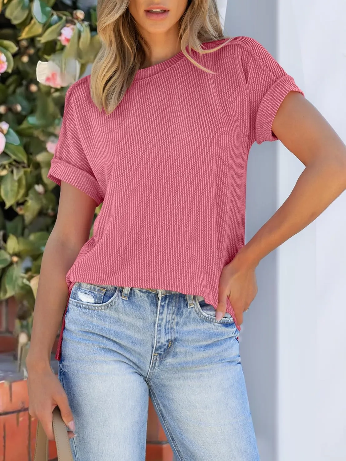ANRABESS Womens Short Sleeve Crewneck Shirts Ribbed Knit High Low Hem T Shirt 2025 Summer Spring Casual Tops Trendy Clothes