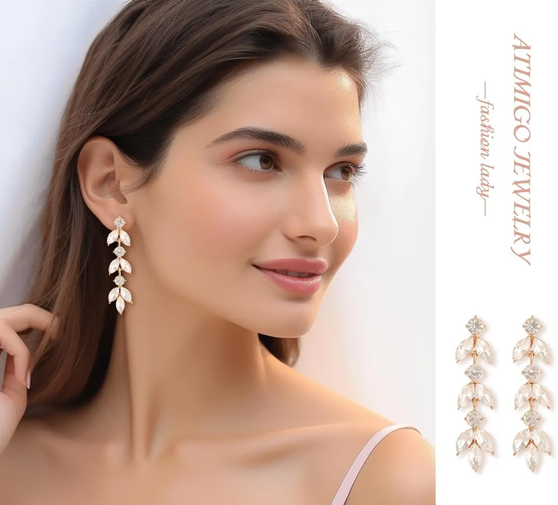 ATIMIGO Elegant Crystal Dangle Wedding Earrings for Brides Sparkly Rhinestone Marquise Drop Dangling Earrings for Women Bridesmaids Prom Formal