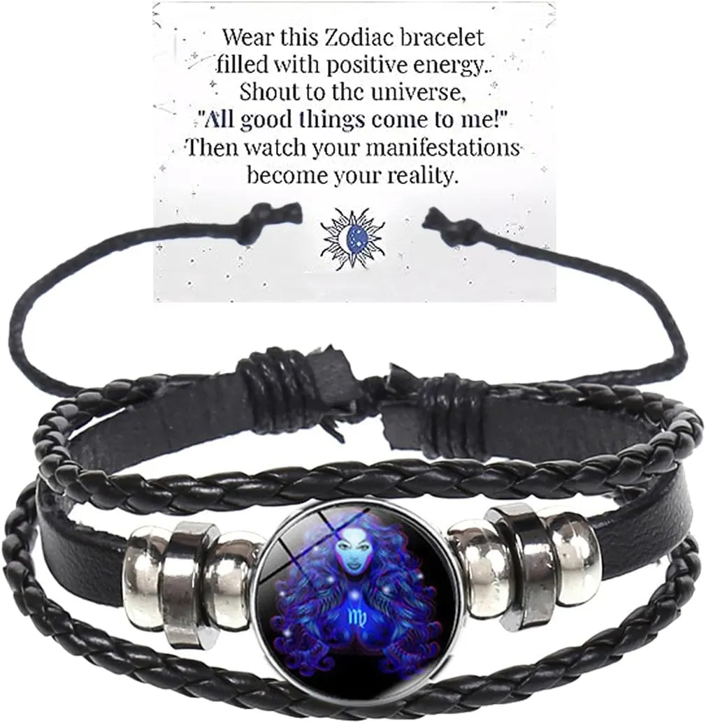 Atiptu Zodiac Signs Spirit Bracelet Multilayer Adjustable 12 Constellation Zodiac Leather Bracelets for Women Men Handmade Woven Glow in the Dark Zodiac Jewelry for Constellation Lover