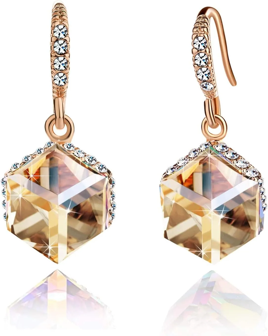 Austrian Crystal Cube Drop Dangle Earrings for Women 14K Gold Plated Hypoallergenic Jewelry