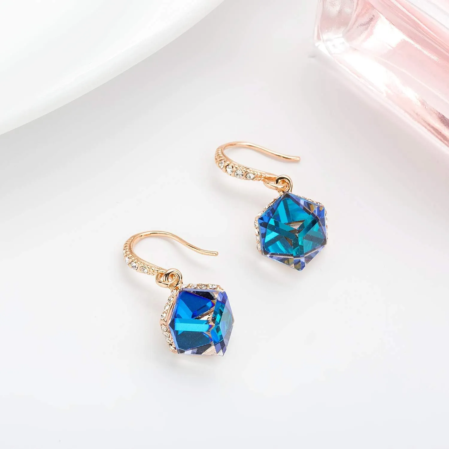 Austrian Crystal Cube Drop Dangle Earrings for Women 14K Gold Plated Hypoallergenic Jewelry
