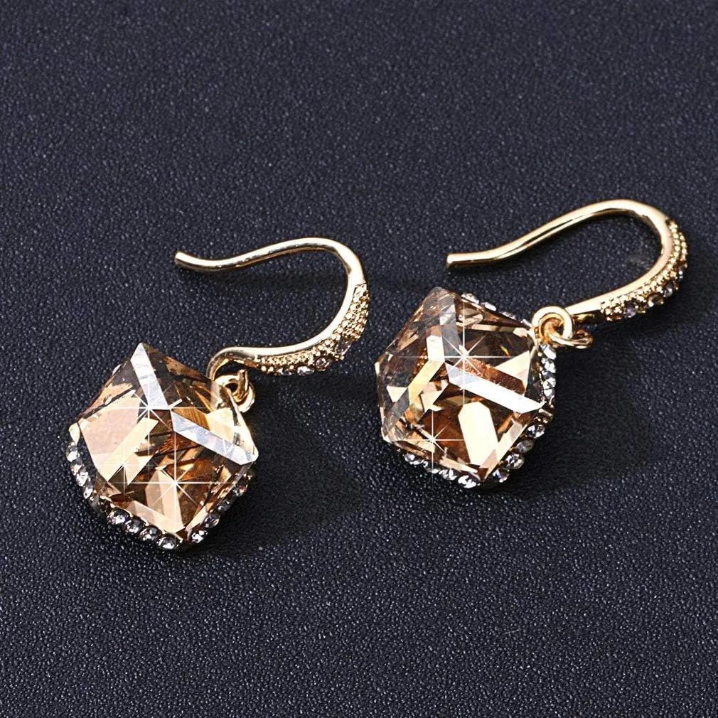 Austrian Crystal Cube Drop Dangle Earrings for Women 14K Gold Plated Hypoallergenic Jewelry