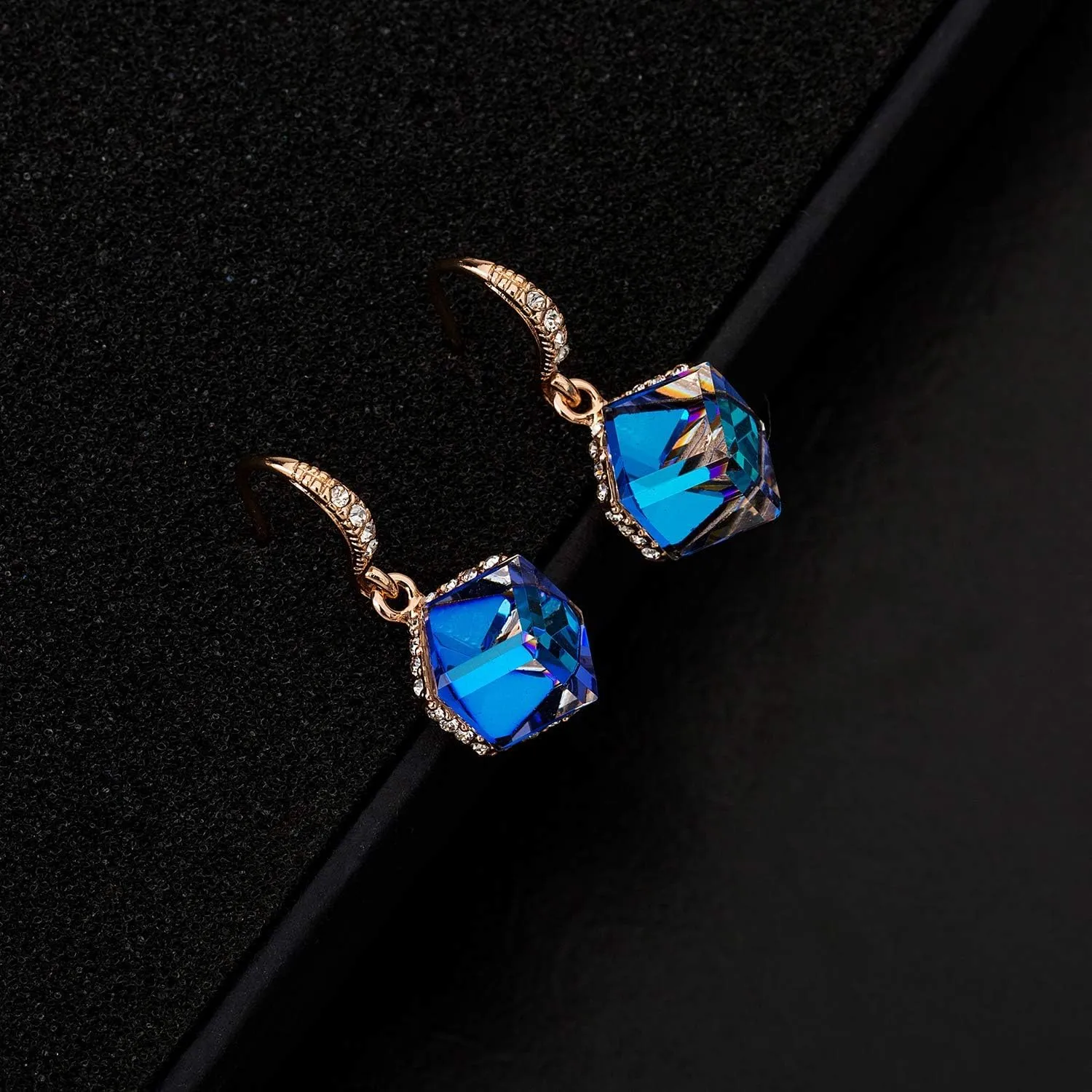 Austrian Crystal Cube Drop Dangle Earrings for Women 14K Gold Plated Hypoallergenic Jewelry